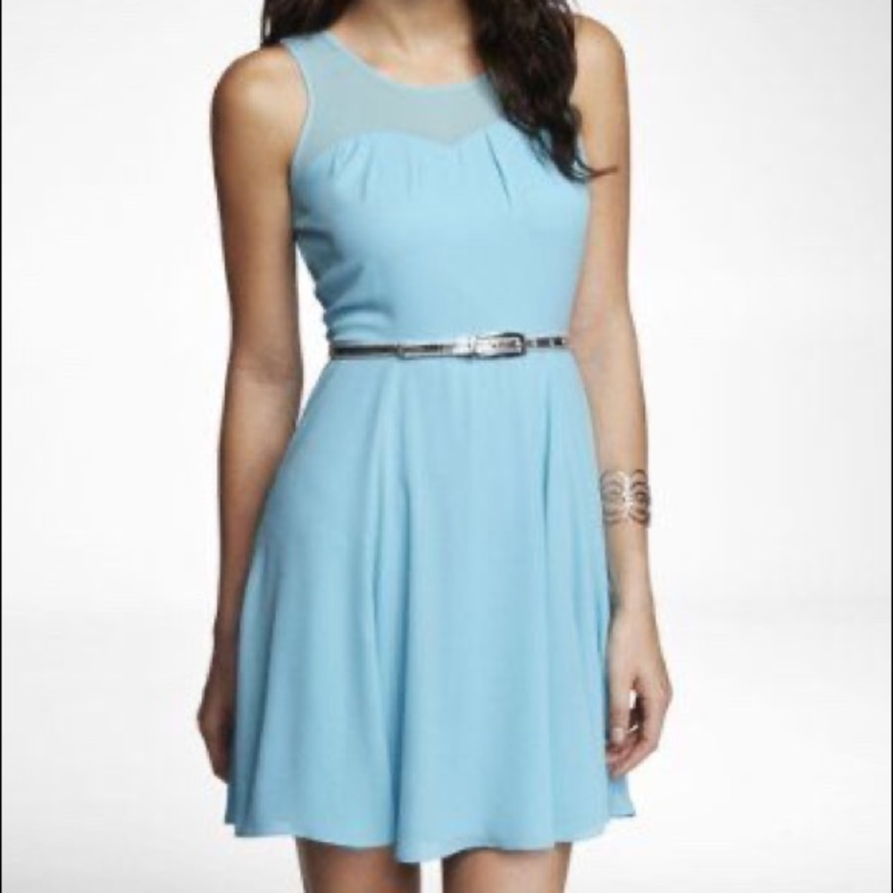 Express Blue Yoked Chiffon Fit and Flare Dress